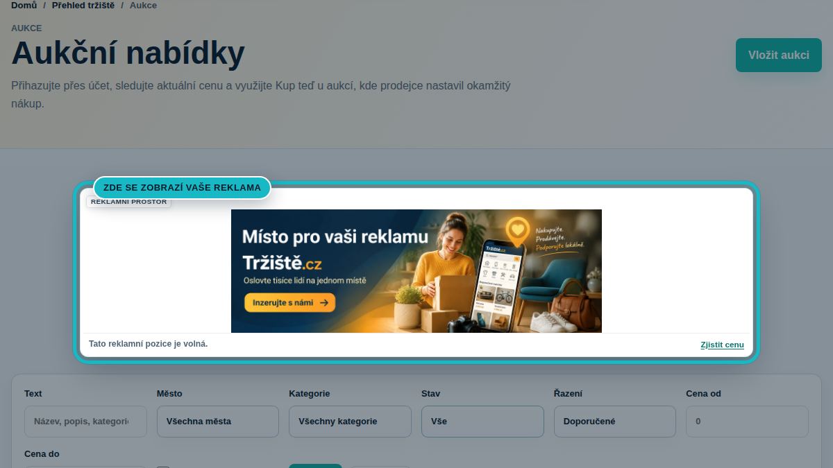 Náhled stránky Aukce se zvýrazněnou pozicí Aukce banner