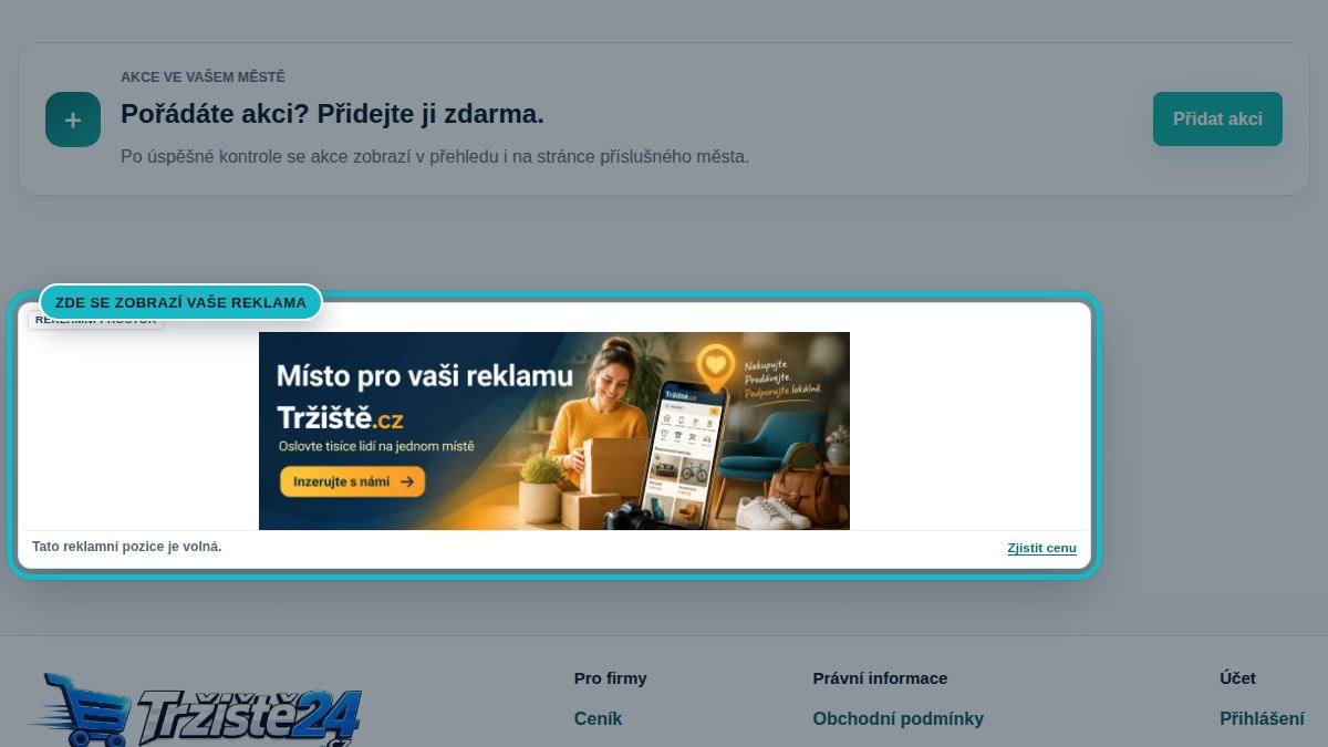 Náhled stránky Města a akce se zvýrazněnou pozicí Města a akce banner