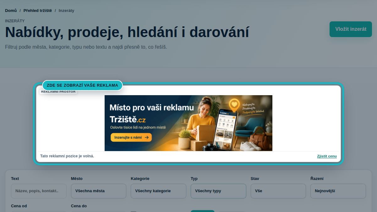 Náhled stránky Inzeráty se zvýrazněnou pozicí Tržiště / inzeráty banner