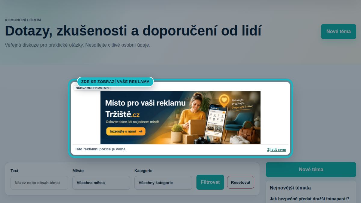 Náhled stránky Fórum a komunity se zvýrazněnou pozicí Fórum a komunity banner