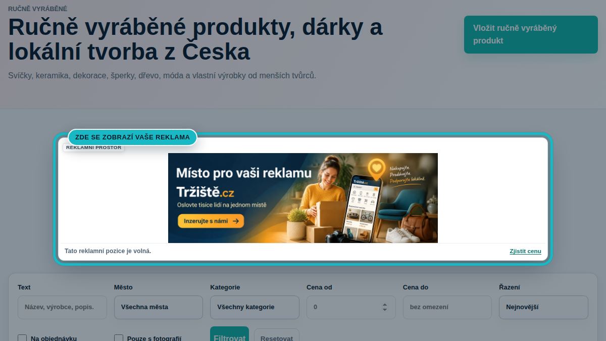 Náhled stránky Ručně vyráběné a digitální nabídky se zvýrazněnou pozicí Ručně vyráběné, digitální produkty a projekty
