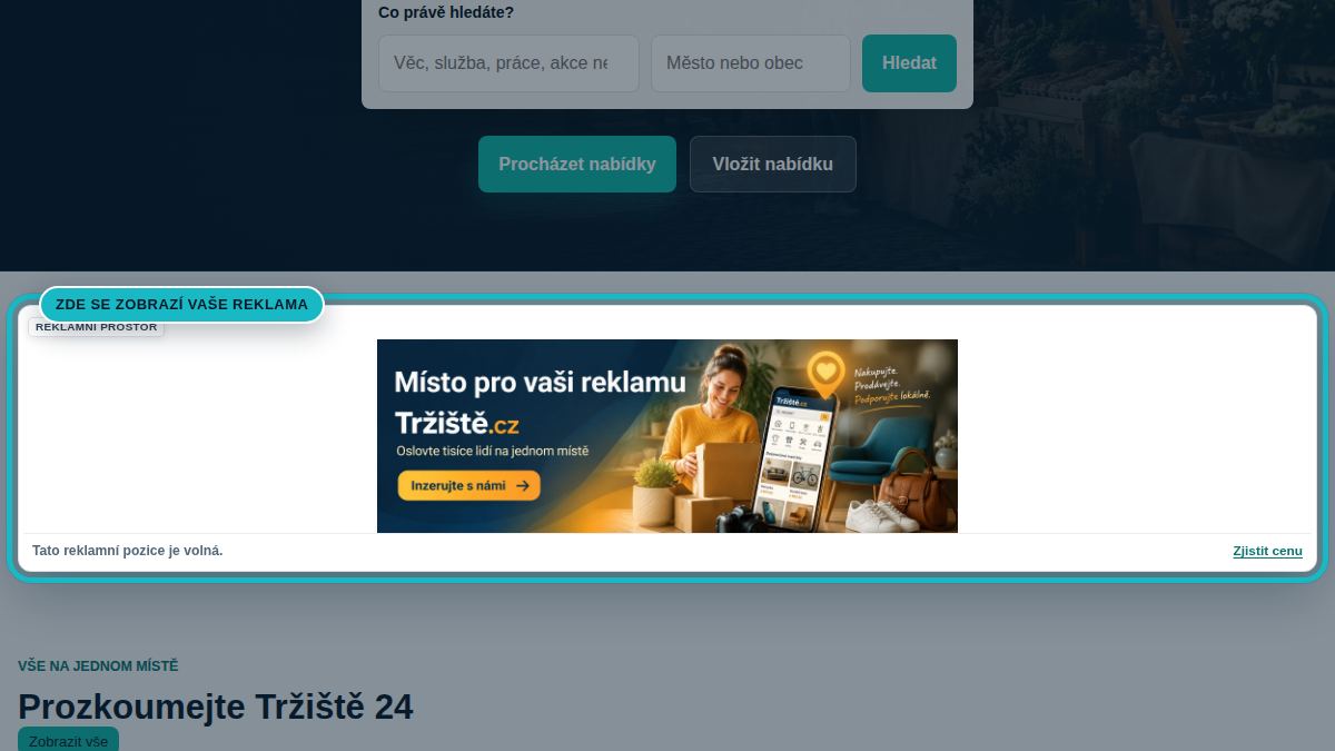 Náhled stránky Domovská stránka se zvýrazněnou pozicí Homepage hlavní banner