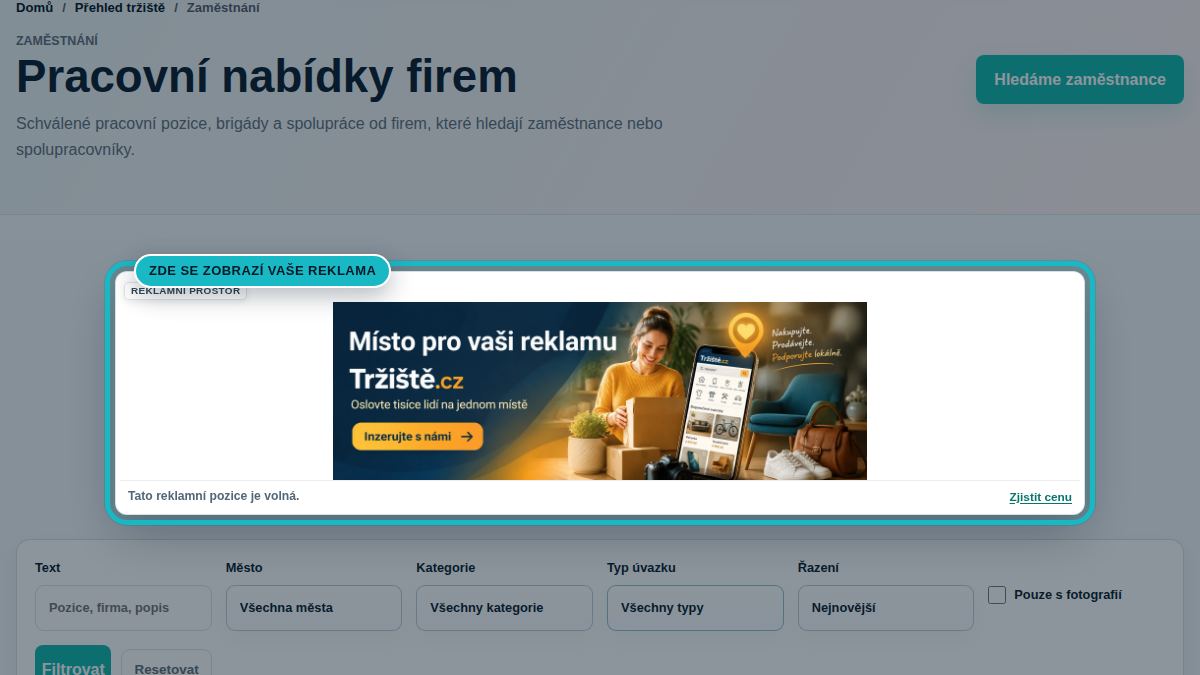 Náhled stránky Zaměstnání se zvýrazněnou pozicí Zaměstnání banner