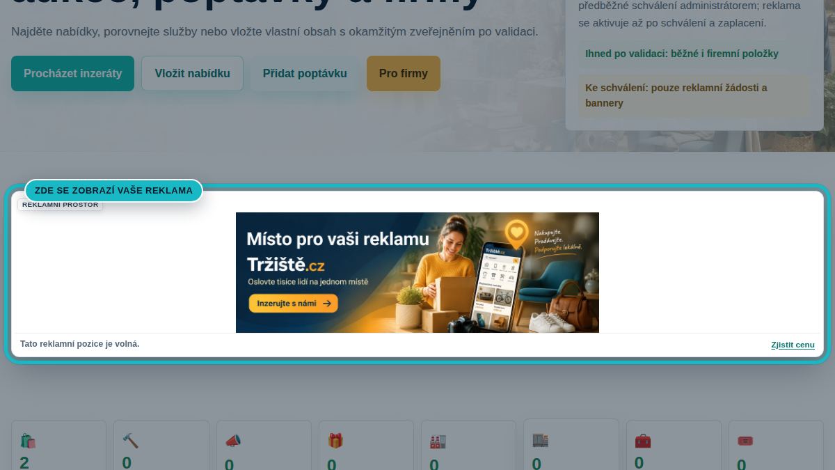 Náhled stránky Přehled tržiště se zvýrazněnou pozicí Přehled tržiště banner