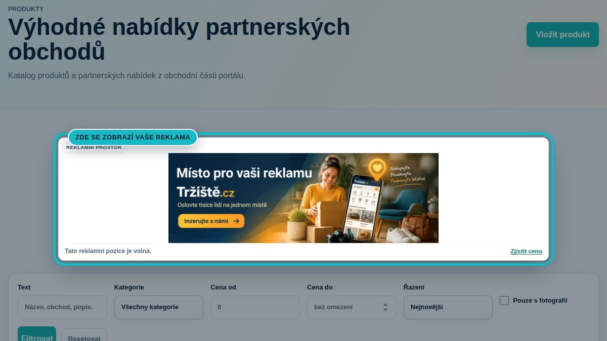 Náhled stránky Produkty a obchody se zvýrazněnou pozicí Produkty a obchody banner